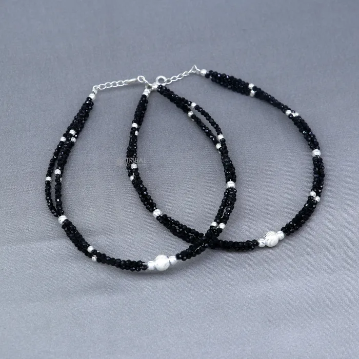 TRIBAL ORNAMENTS Bracelets 925 sterling silver double chain black beaded anklet bracelet amazing light weight delicate anklets silver jewelry ank655