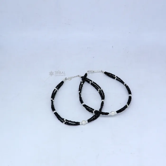 TRIBAL ORNAMENTS Bracelets 925 sterling silver double chain black beaded anklet bracelet amazing light weight delicate anklets silver jewelry ank655