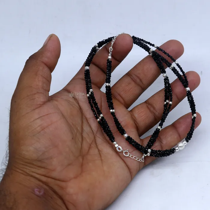 TRIBAL ORNAMENTS Bracelets 925 sterling silver double chain black beaded anklet bracelet amazing light weight delicate anklets silver jewelry ank655