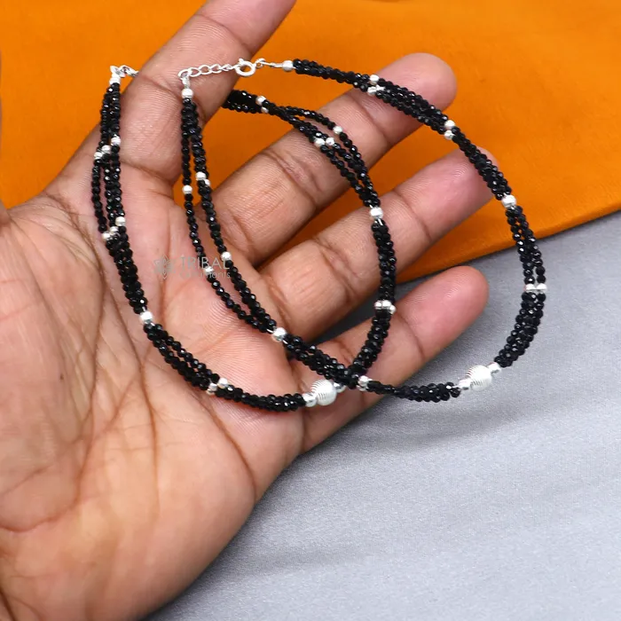 TRIBAL ORNAMENTS Bracelets 925 sterling silver double chain black beaded anklet bracelet amazing light weight delicate anklets silver jewelry ank655
