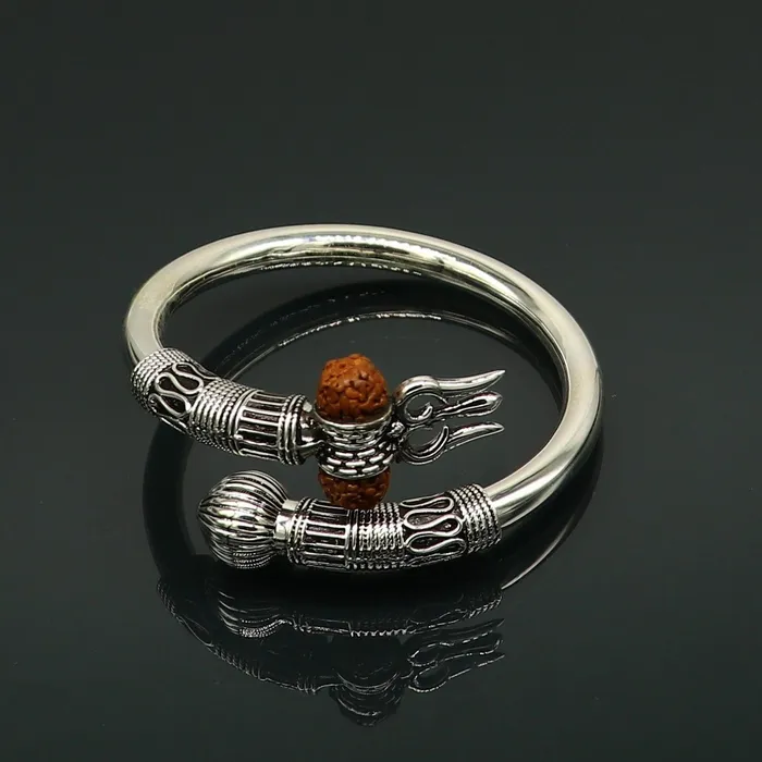 TRIBAL ORNAMENTS Bracelets 925 Sterling silver handmade plain shiny Lord Shiva trident trishul kada bangle bracelet with natural Rudraksha customized kada nssk417 TRIBAL ORNAMENTS Bracelets 925 Sterling silver handmade plain shiny Lord Shiva trident trishul kada bangle bracelet with natural Rudraksha customized kada nssk417