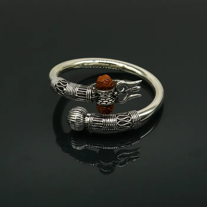 TRIBAL ORNAMENTS Bracelets 925 Sterling silver handmade plain shiny Lord Shiva trident trishul kada bangle bracelet with natural Rudraksha customized kada nssk417