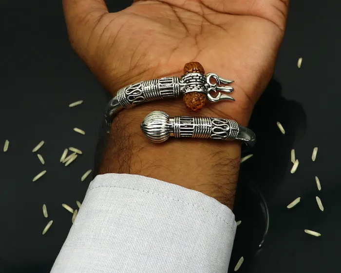 TRIBAL ORNAMENTS Bracelets 925 Sterling silver handmade plain shiny Lord Shiva trident trishul kada bangle bracelet with natural Rudraksha customized kada nssk417