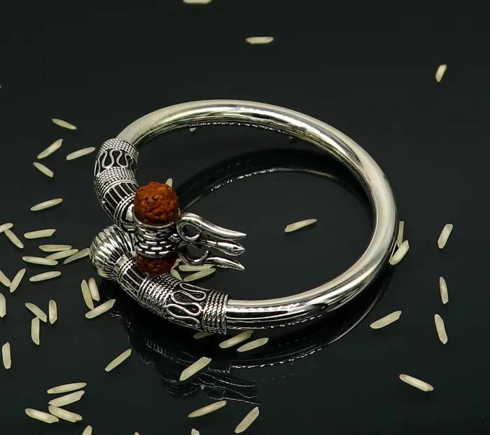 TRIBAL ORNAMENTS Bracelets 925 Sterling silver handmade plain shiny Lord Shiva trident trishul kada bangle bracelet with natural Rudraksha customized kada nssk417