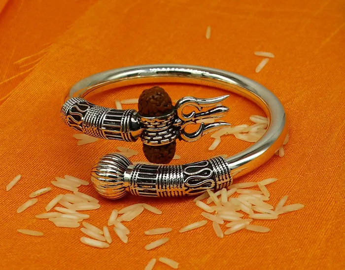 TRIBAL ORNAMENTS Bracelets 925 Sterling silver handmade plain shiny Lord Shiva trident trishul kada bangle bracelet with natural Rudraksha customized kada nssk417