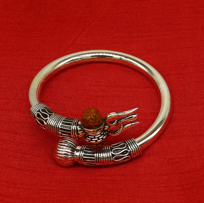 TRIBAL ORNAMENTS Bracelets 925 Sterling silver handmade plain shiny Lord Shiva trident trishul kada bangle bracelet with natural Rudraksha customized kada nssk417
