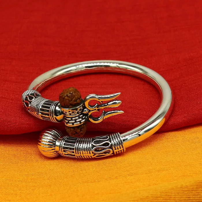 TRIBAL ORNAMENTS Bracelets 925 Sterling silver handmade plain shiny Lord Shiva trident trishul kada bangle bracelet with natural Rudraksha customized kada nssk417