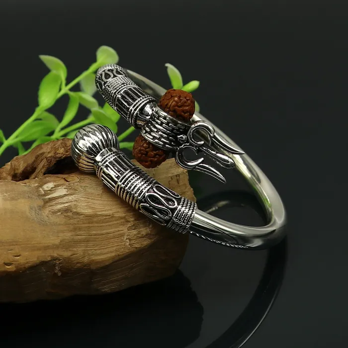 TRIBAL ORNAMENTS Bracelets 925 Sterling silver handmade plain shiny Lord Shiva trident trishul kada bangle bracelet with natural Rudraksha customized kada nssk417