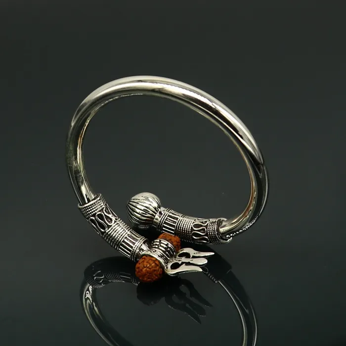 TRIBAL ORNAMENTS Bracelets 925 Sterling silver handmade plain shiny Lord Shiva trident trishul kada bangle bracelet with natural Rudraksha customized kada nssk417