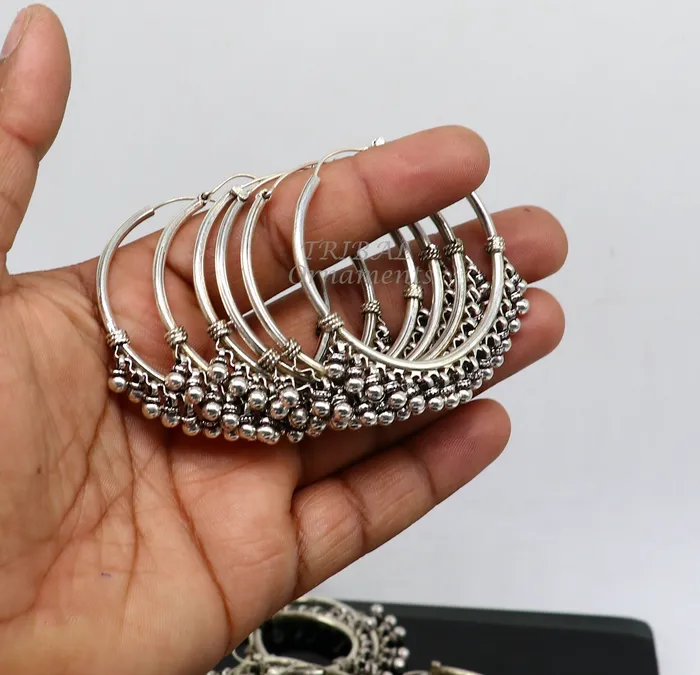 TRIBAL ORNAMENTS Earrings 925 sterling silver handmade hoop earring fabulous Bali pair hanging bells hook hoop gifting gorgeous tribal customized jewelry s1138