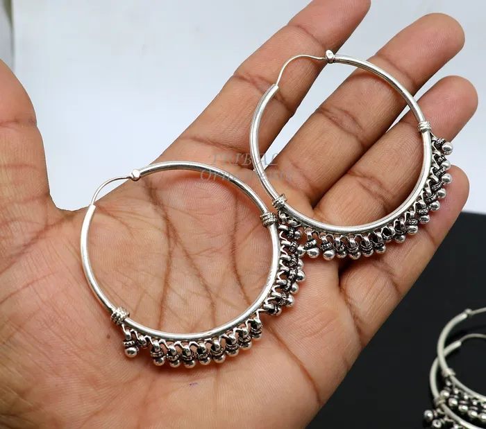 TRIBAL ORNAMENTS Earrings 925 sterling silver handmade hoop earring fabulous Bali pair hanging bells hook hoop gifting gorgeous tribal customized jewelry s1138