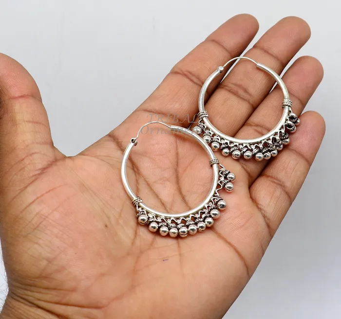 TRIBAL ORNAMENTS Earrings 925 sterling silver handmade hoop earring fabulous Bali pair hanging bells hook hoop gifting gorgeous tribal customized jewelry s1138