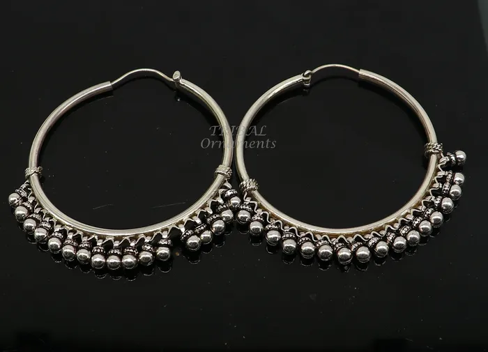 TRIBAL ORNAMENTS Earrings 925 sterling silver handmade hoop earring fabulous Bali pair hanging bells hook hoop gifting gorgeous tribal customized jewelry s1138