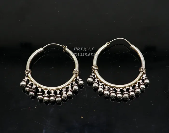 TRIBAL ORNAMENTS Earrings 925 sterling silver handmade hoop earring fabulous Bali pair hanging bells hook hoop gifting gorgeous tribal customized jewelry s1138