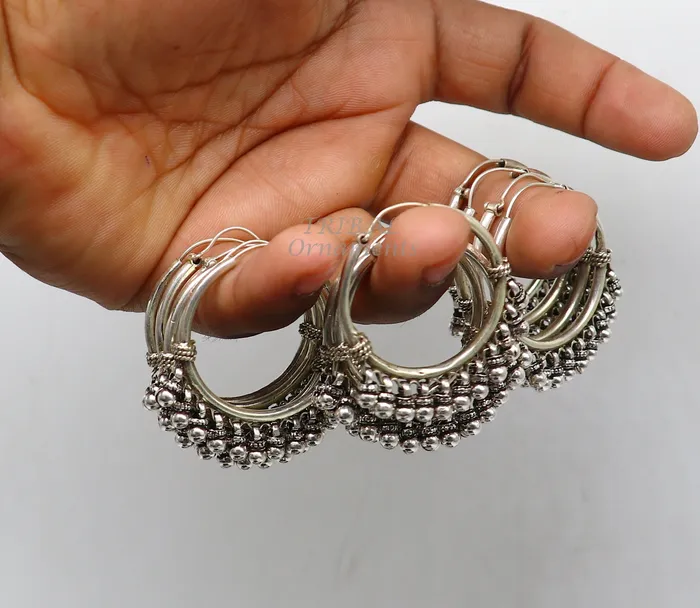 TRIBAL ORNAMENTS Earrings 925 sterling silver handmade hoop earring fabulous Bali pair hanging bells hook hoop gifting gorgeous tribal customized jewelry s1138