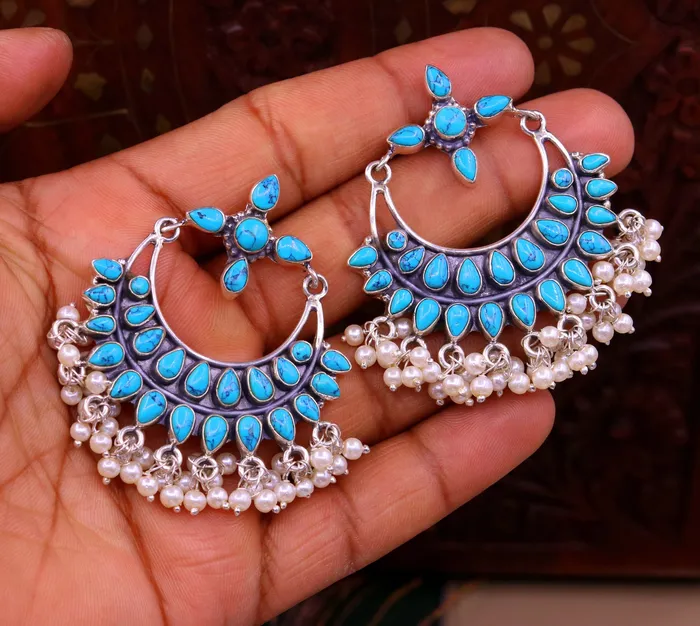 TRIBAL ORNAMENTS Earrings Vintage antique design 925 sterling silver handmade stud earrings drop dangle charm earring excellent hanging pearl belly dance jewelry s716