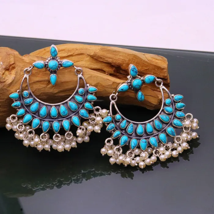 TRIBAL ORNAMENTS Earrings Vintage antique design 925 sterling silver handmade stud earrings drop dangle charm earring excellent hanging pearl belly dance jewelry s716