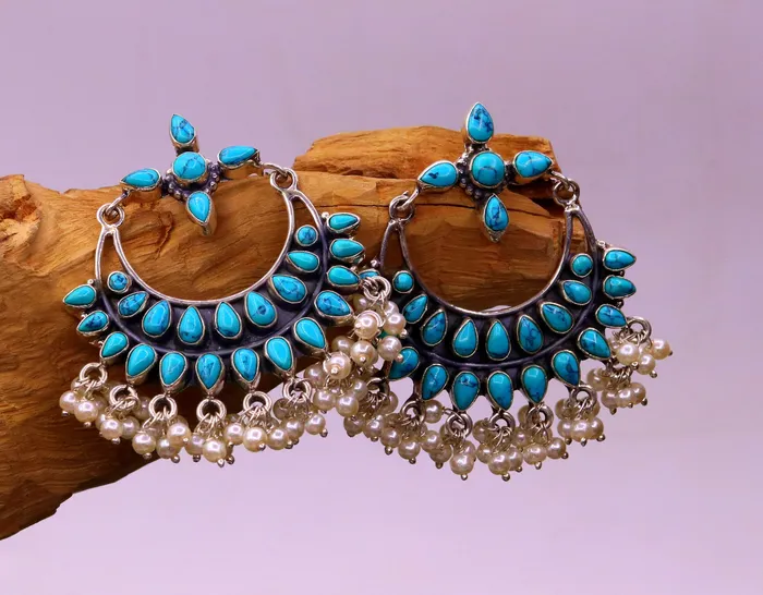 TRIBAL ORNAMENTS Earrings Vintage antique design 925 sterling silver handmade stud earrings drop dangle charm earring excellent hanging pearl belly dance jewelry s716