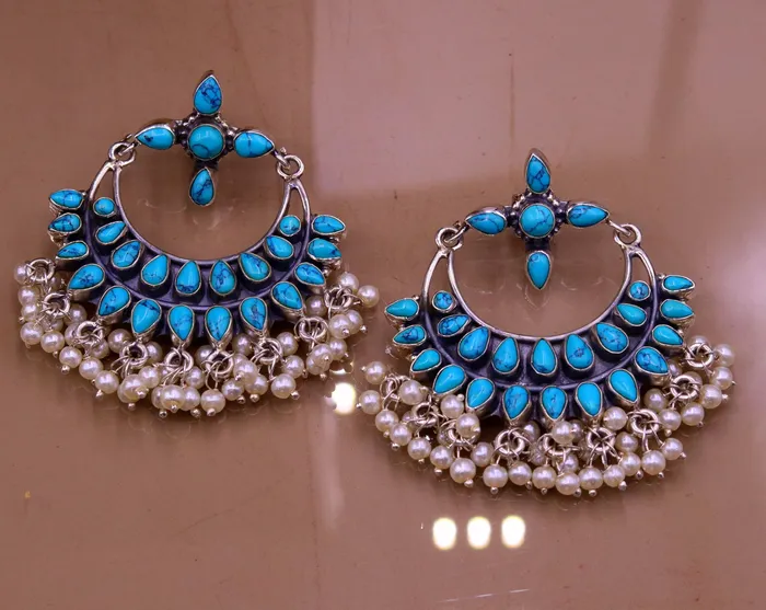 TRIBAL ORNAMENTS Earrings Vintage antique design 925 sterling silver handmade stud earrings drop dangle charm earring excellent hanging pearl belly dance jewelry s716