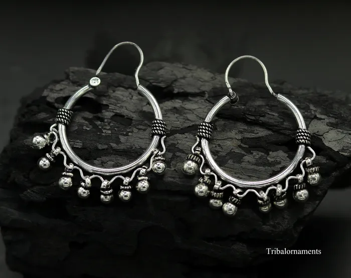 TRIBAL ORNAMENTS Earrings Vintage antique design handmade 925 sterling silver gorgeous hoops boho earrings bali with hanging drop bells tribal Banjara jewelry s897 TRIBAL ORNAMENTS Earrings Vintage antique design handmade 925 sterling silver gorgeous hoops boho earrings bali with hanging drop bells tribal Banjara jewelry s897