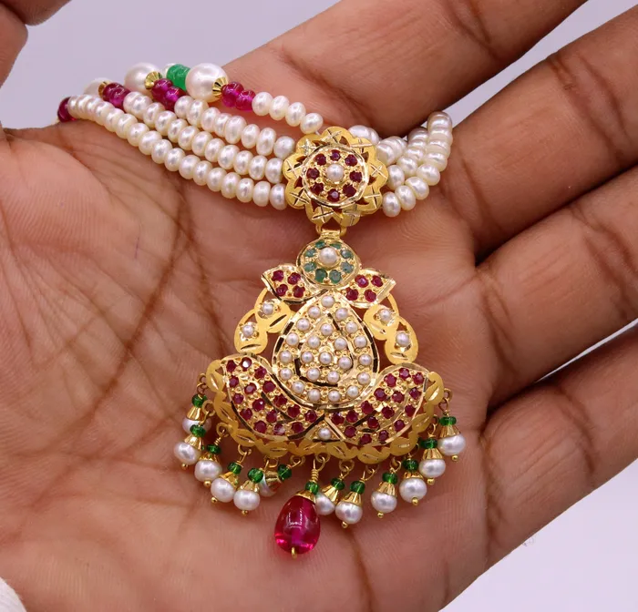 TRIBAL ORNAMENTS Handmade certified 22kt yellow gold Punjabi muslim rajputi style excellent belly dance wedding party wear with hanging color beads jewelry Rings