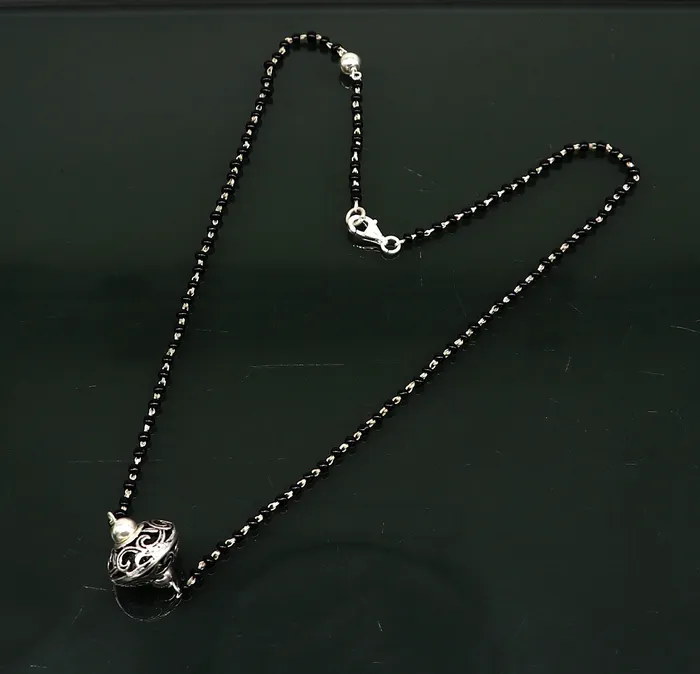 TRIBAL ORNAMENTS Necklaces 925 sterling silver black beaded chain necklace with gorgeous flower ball pendant best gifting elegant necklace tribal necklace set220