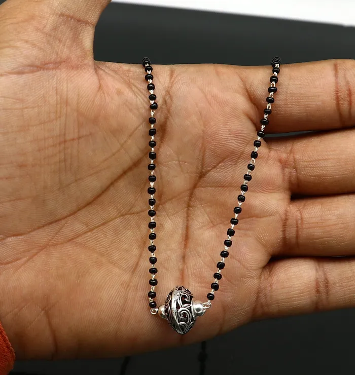 TRIBAL ORNAMENTS Necklaces 925 sterling silver black beaded chain necklace with gorgeous flower ball pendant best gifting elegant necklace tribal necklace set220