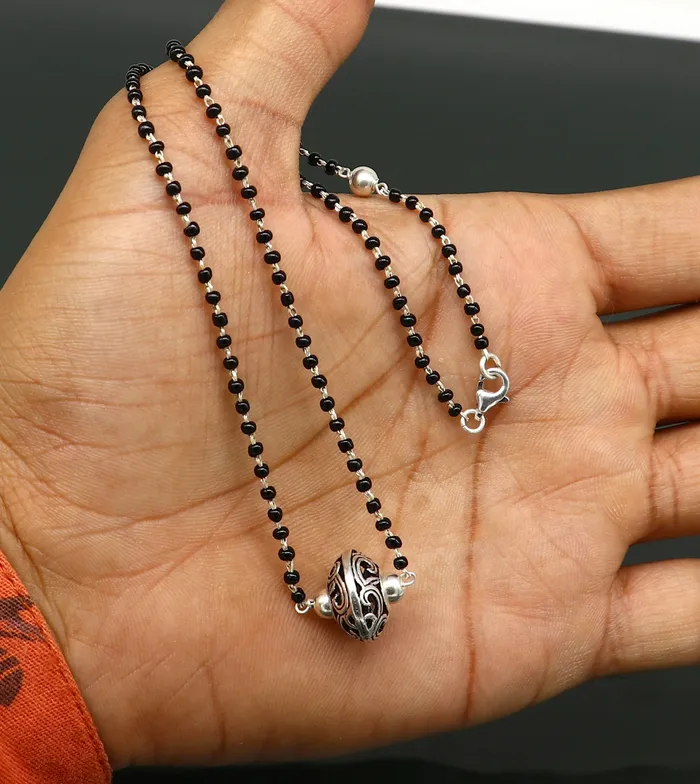 TRIBAL ORNAMENTS Necklaces 925 sterling silver black beaded chain necklace with gorgeous flower ball pendant best gifting elegant necklace tribal necklace set220