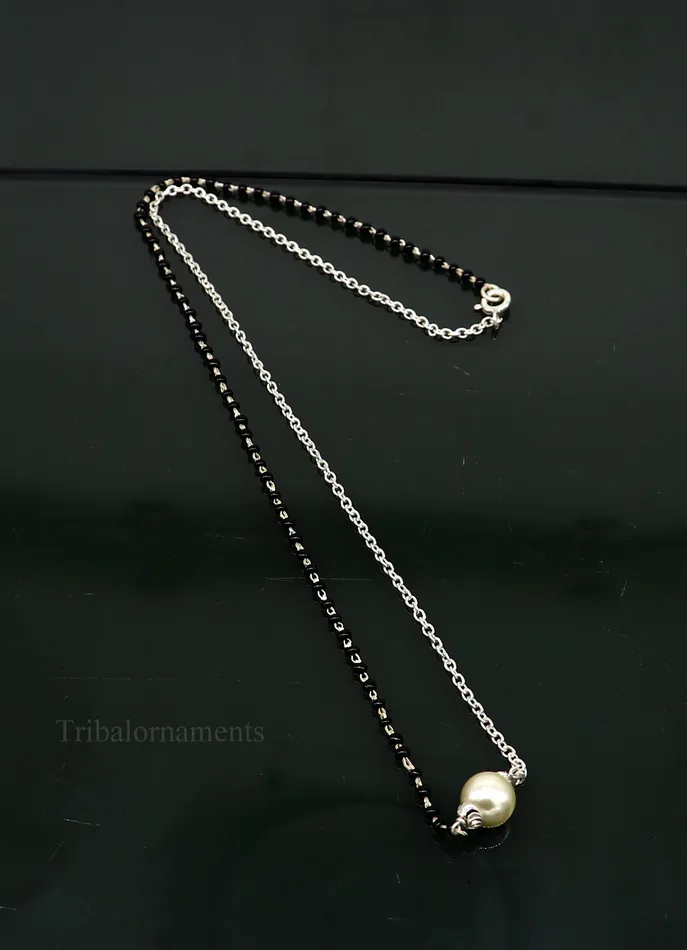 TRIBAL ORNAMENTS Necklaces 925 sterling silver black beads chain necklace gorgeous small pearl pendant traditional style chain beaded mangalsutra necklace set229