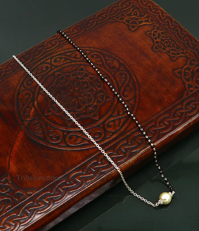 TRIBAL ORNAMENTS Necklaces 925 sterling silver black beads chain necklace gorgeous small pearl pendant traditional style chain beaded mangalsutra necklace set229
