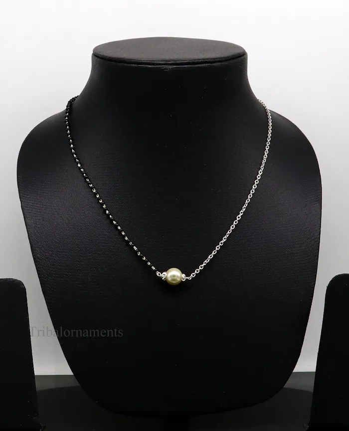 TRIBAL ORNAMENTS Necklaces 925 sterling silver black beads chain necklace gorgeous small pearl pendant traditional style chain beaded mangalsutra necklace set229