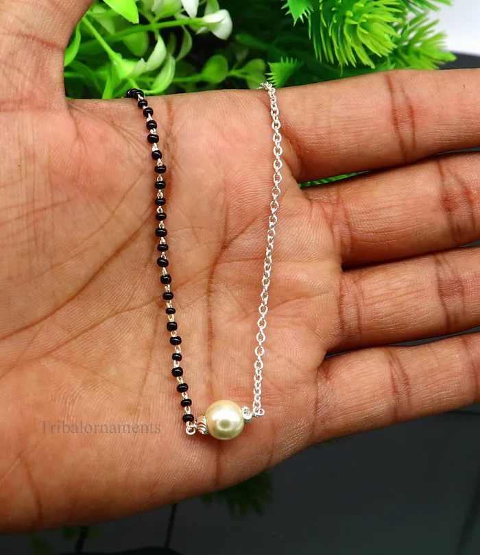 TRIBAL ORNAMENTS Necklaces 925 sterling silver black beads chain necklace gorgeous small pearl pendant traditional style chain beaded mangalsutra necklace set229