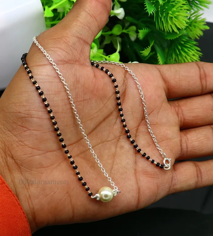 TRIBAL ORNAMENTS Necklaces 925 sterling silver black beads chain necklace gorgeous small pearl pendant traditional style chain beaded mangalsutra necklace set229