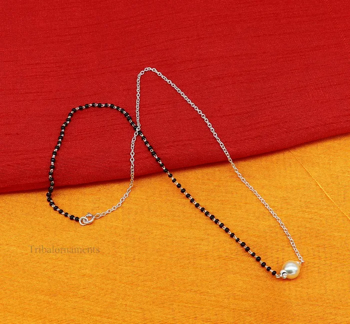 TRIBAL ORNAMENTS Necklaces 925 sterling silver black beads chain necklace gorgeous small pearl pendant traditional style chain beaded mangalsutra necklace set229