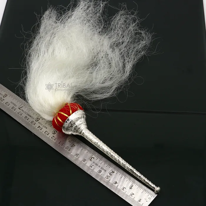 TRIBAL ORNAMENTS Necklaces 925 Sterling silver handmade puja chanwar chaur with original yalk cow hair worshipping fan for idols home temple article art755