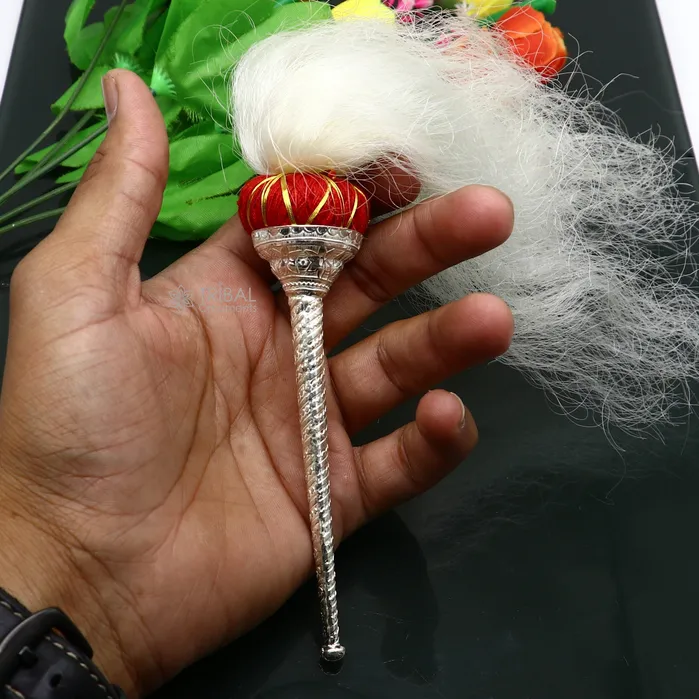 TRIBAL ORNAMENTS Necklaces 925 Sterling silver handmade puja chanwar chaur with original yalk cow hair worshipping fan for idols home temple article art755