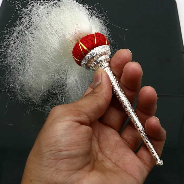 TRIBAL ORNAMENTS Necklaces 925 Sterling silver handmade puja chanwar chaur with original yalk cow hair worshipping fan for idols home temple article art755
