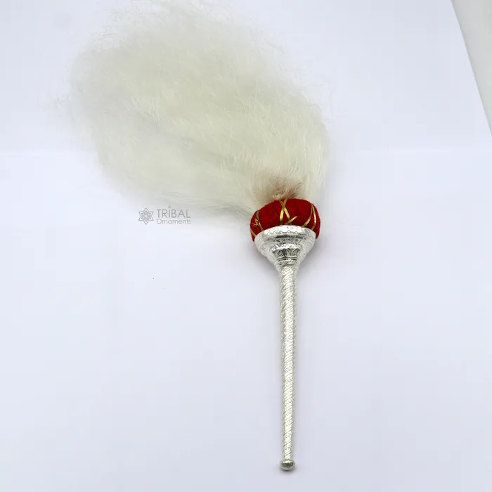 TRIBAL ORNAMENTS Necklaces 925 Sterling silver handmade puja chanwar chaur with original yalk cow hair worshipping fan for idols home temple article art755