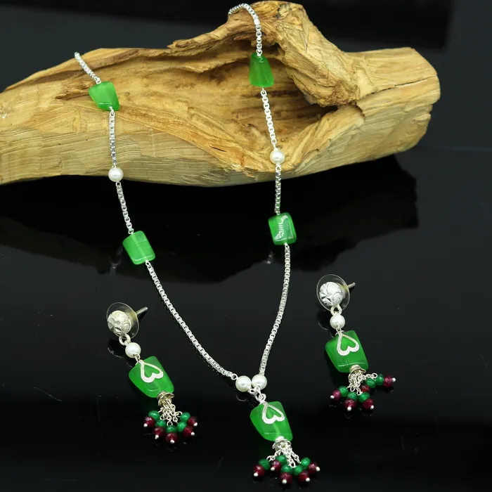 TRIBAL ORNAMENTS Necklaces 925 Sterling silver rectangular semi precious green stone short charm necklace best gift for her bridal set light weight belly dance nec76