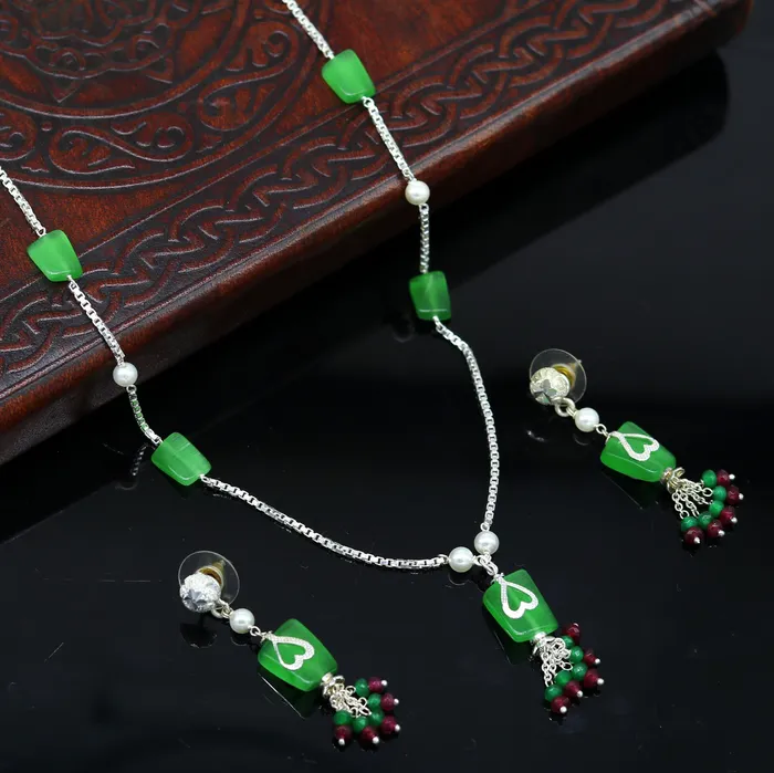 TRIBAL ORNAMENTS Necklaces 925 Sterling silver rectangular semi precious green stone short charm necklace best gift for her bridal set light weight belly dance nec76
