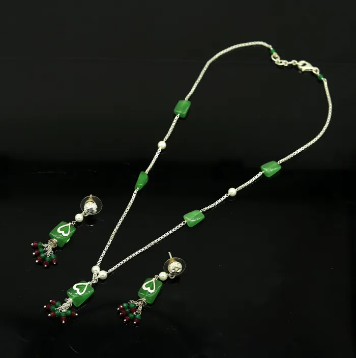 TRIBAL ORNAMENTS Necklaces 925 Sterling silver rectangular semi precious green stone short charm necklace best gift for her bridal set light weight belly dance nec76