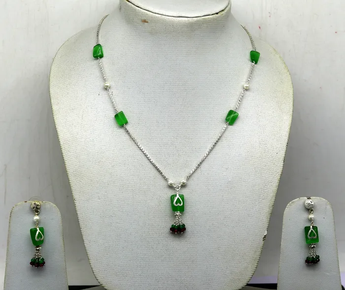 TRIBAL ORNAMENTS Necklaces 925 Sterling silver rectangular semi precious green stone short charm necklace best gift for her bridal set light weight belly dance nec76
