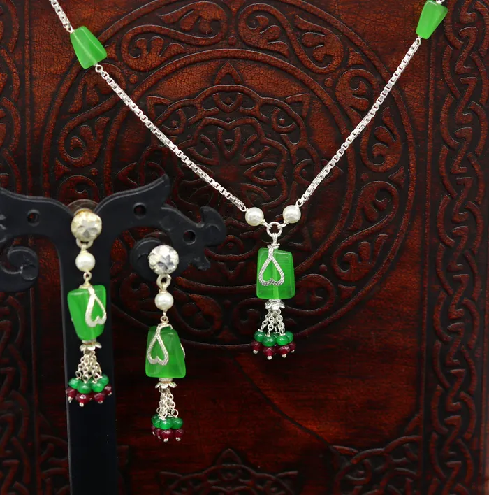 TRIBAL ORNAMENTS Necklaces 925 Sterling silver rectangular semi precious green stone short charm necklace best gift for her bridal set light weight belly dance nec76