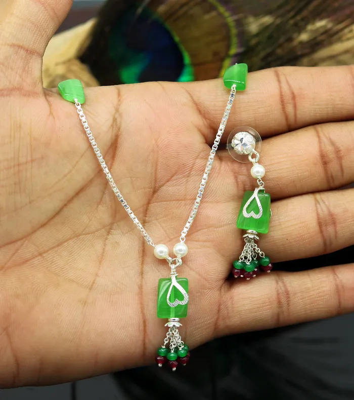 TRIBAL ORNAMENTS Necklaces 925 Sterling silver rectangular semi precious green stone short charm necklace best gift for her bridal set light weight belly dance nec76