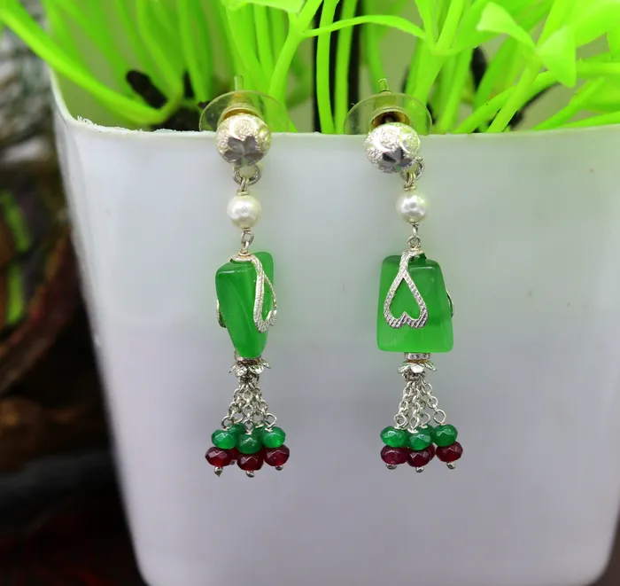 TRIBAL ORNAMENTS Necklaces 925 Sterling silver rectangular semi precious green stone short charm necklace best gift for her bridal set light weight belly dance nec76