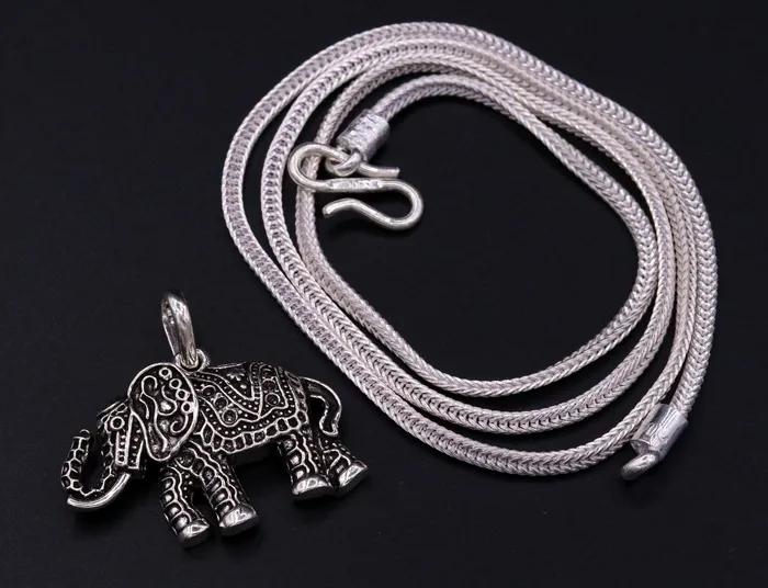 TRIBAL ORNAMENTS Necklaces 925 Sterling silver solid handmade elephant pendant excellent oxidized pendant with solid wheat chain tribal jewelry india nsp38