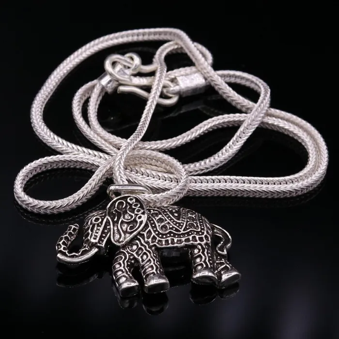 TRIBAL ORNAMENTS Necklaces 925 Sterling silver solid handmade elephant pendant excellent oxidized pendant with solid wheat chain tribal jewelry india nsp38