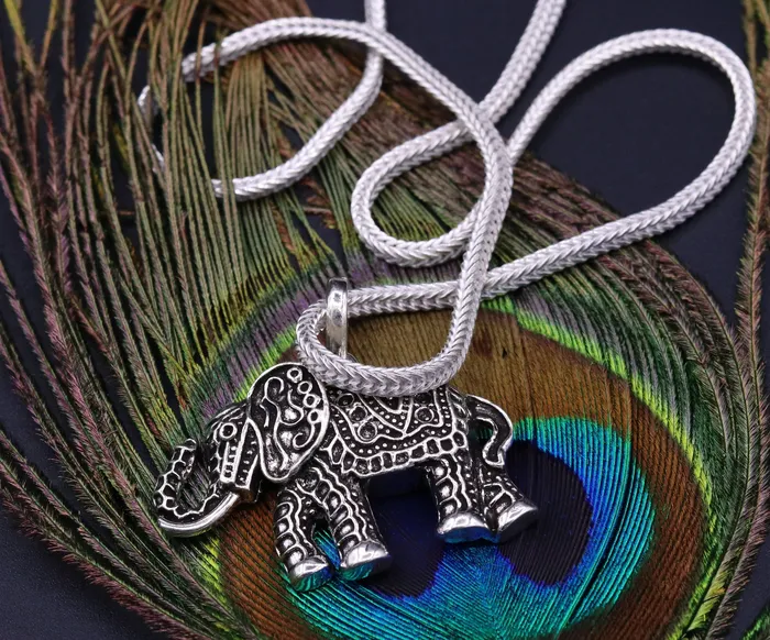TRIBAL ORNAMENTS Necklaces 925 Sterling silver solid handmade elephant pendant excellent oxidized pendant with solid wheat chain tribal jewelry india nsp38