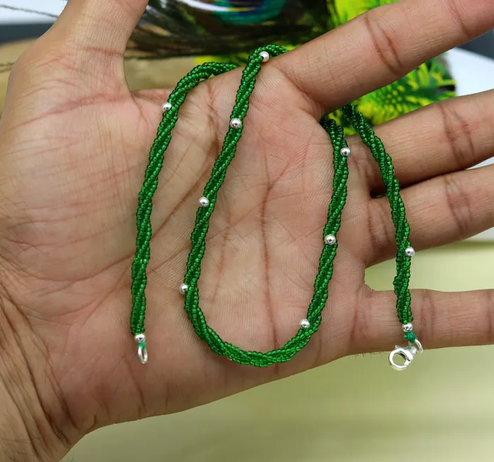TRIBAL ORNAMENTS Necklaces Elegant custom Necklace with randomly placed silver semiprecious green beads 925 pure silver galaxy necklace triple chain necklace set133