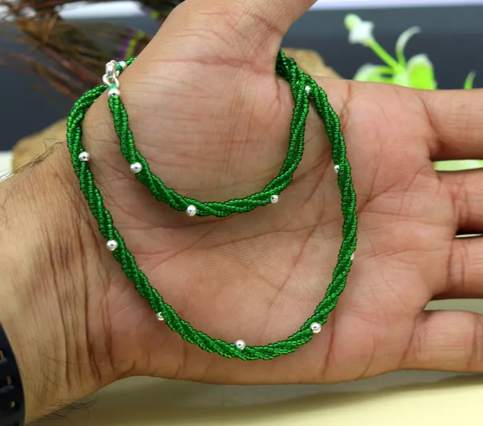 TRIBAL ORNAMENTS Necklaces Elegant custom Necklace with randomly placed silver semiprecious green beads 925 pure silver galaxy necklace triple chain necklace set133
